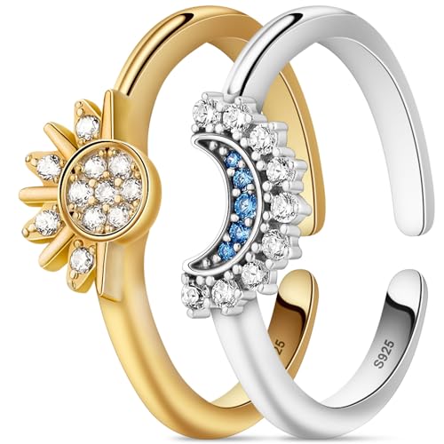 Aucuu Sonne Mond Ring Gold Silber Set, Verstellbar Matching Rings Freundschaftsringe Sonne und Mond Ring, Ringe Frauen Silber 925, Sun and Moon Set, Dupes Schmuck Geschenk für Damen Frauen von Aucuu