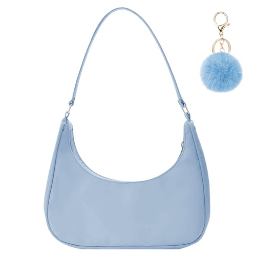 Aucuu Umhängetasche Damen Handtasche, Nylon Retro Achsel Tasche mit Pom-Pom-Schlüsselanhänger, Y2k Fashion Unterarmtasche mit Reißverschluss-Geschenk für Weihnachten und Geburtstag, Weiß von Aucuu