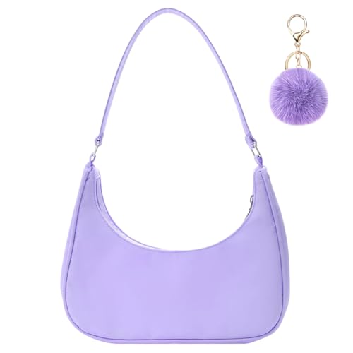 Aucuu Umhängetasche Damen Handtasche, Nylon Retro Achsel Tasche mit Pom-Pom-Schlüsselanhänger, Y2k Fashion Unterarmtasche mit Reißverschluss-Geschenk für Weihnachten und Geburtstag, Weiß von Aucuu