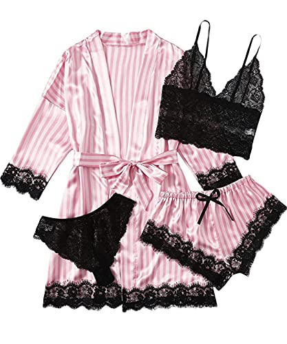 AudMsier Vierteiliger Satin-Pyjama für Damen, Spitzenunterwäsche, Kurze Robe mit Gürtel, Seidenkleidung(Rosa und Schwarze Streifen L) von AudMsier