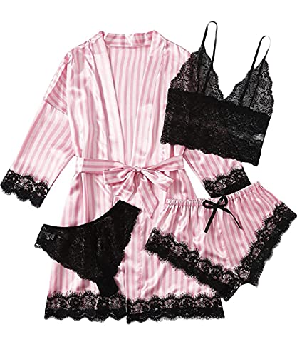 AudMsier Vierteiliger Satin-Pyjama für Damen, Spitzenunterwäsche, Kurze Robe mit Gürtel, Seidenkleidung(Rosa und Schwarze Streifen S) von AudMsier