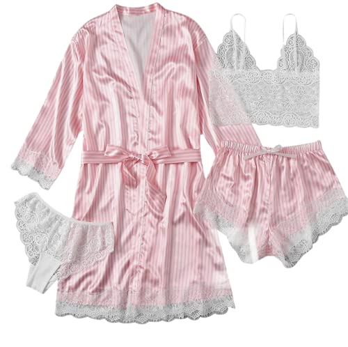 AudMsier Vierteiliger Satin-Pyjama für Damen, Spitzenunterwäsche, Kurze Robe mit Gürtel, Seidenkleidung(Rosa und weiße Streifen L) von AudMsier