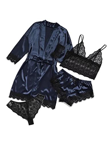 AudMsier Vierteiliger Satin-Pyjama für Damen, Spitzenunterwäsche, Kurze Robe mit Gürtel, Seidenkleidung(Dunkelblau, XS) von AudMsier