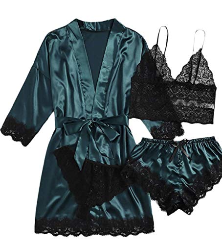 AudMsier Vierteiliger Satin-Pyjama für Damen, Spitzenunterwäsche, Kurze Robe mit Gürtel, Seidenkleidung(Grün,S) von AudMsier