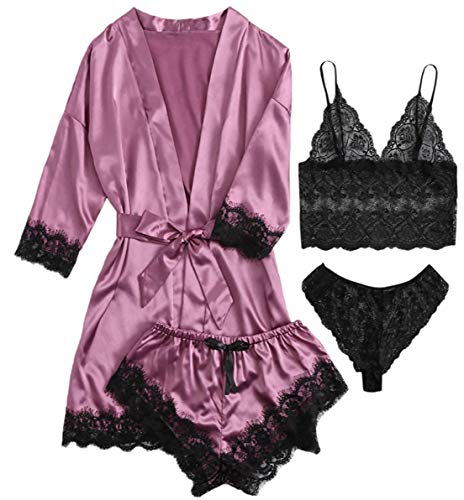 AudMsier Vierteiliger Satin-Pyjama für Damen, Spitzenunterwäsche, Kurze Robe mit Gürtel, Seidenkleidung (Violett, XS) von AudMsier