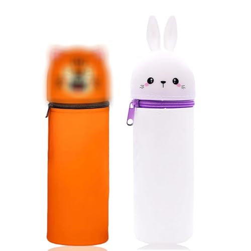 Audio frequency% 2 Stück Silikon Federmäppchen, Kawaii Federmäppchen Aus Weichem Silikon 2-In-1 Tier Stifthalter, Unisex Kapazität Mäppchen Niedliche Schule Geschenke Für Kinder(Kaninchen Und Tiger) von Audio frequency%