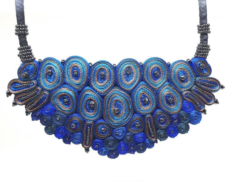 Bib Statement Halskette Blau, Extravaganter Kragen Halskette, Quilled Schmuck, Geschenk Für Frau, Fiber Art Fertig Zum Versand von AudraTextileStudio
