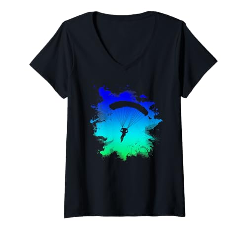 Damen Fallschirm-Silhouette in Aktion für Sky-Taucher T-Shirt mit V-Ausschnitt von Audrem Sport CO