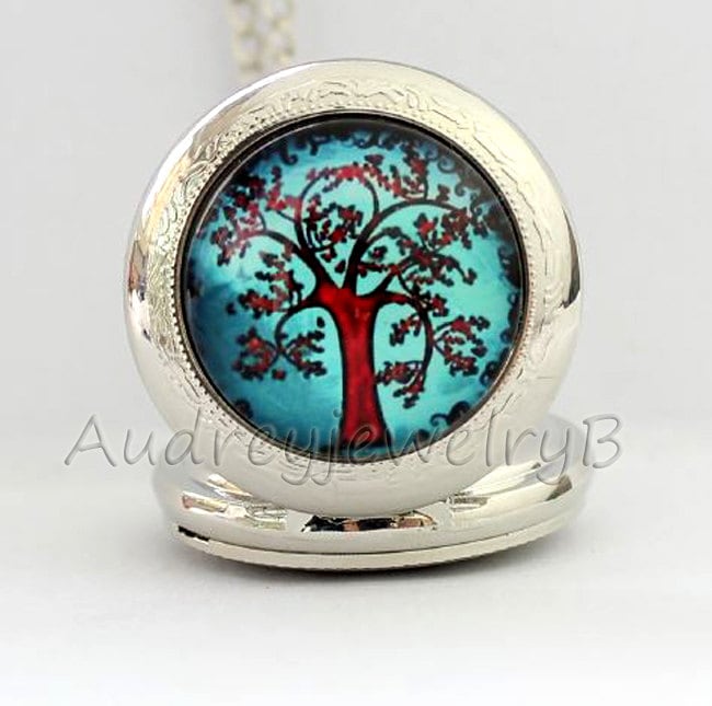 Magic Tree Taschenuhr Anhänger Legierungskette, Quarzwerk von AudreyjewelryB