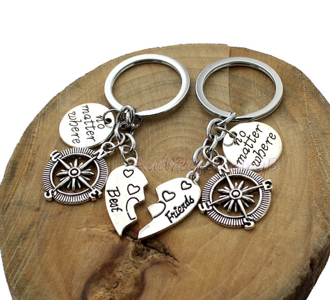 2Pcs/Bester Freund & "No Matter Where" Kompass Schlüsselanhänger Gesetzt Gebrochen Herzen Schlüsselanhänger, Muttertag Geschenk von AudreyjewelryB