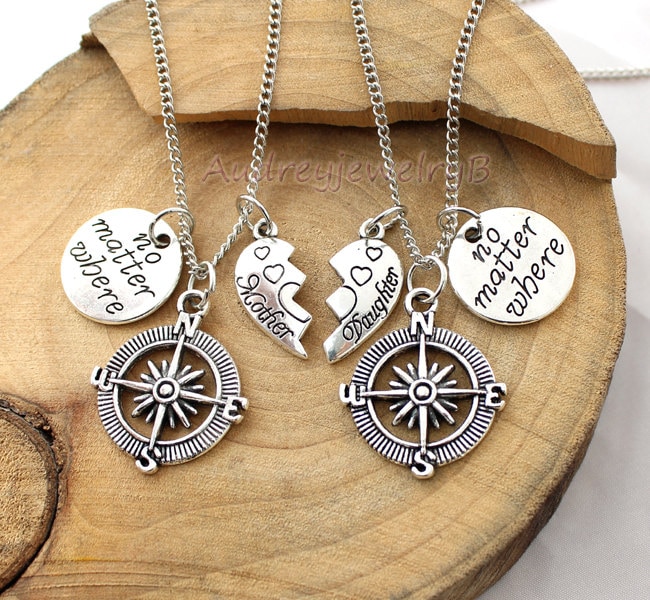Mutter Tochter Halsketten Set Gebrochenes Herz Kompass Anhängern von AudreyjewelryB