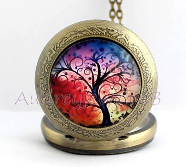 Baum Des Lebens Taschenuhr Anhänger Quarz Halskette, Bronze Kette von AudreyjewelryB