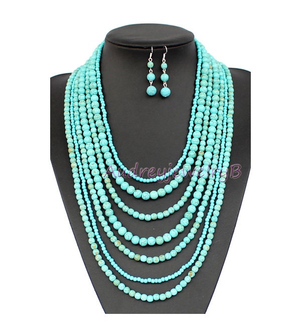 Handgewebtes Türkis Perlenhalskette & Ohrringe Set Chunky Layered Schmuck von AudreyjewelryB