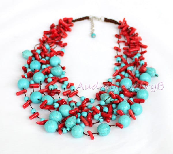 Multi Strand Türkis & Koralle Perlenkette Statement Schmuck von AudreyjewelryB