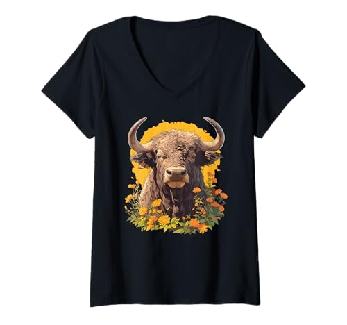 Damen Auerochsen Auerochse T-Shirt mit V-Ausschnitt Damen Auerochsen Auerochse T-Shirt mit V-Ausschnitt von Auerochsen Auerochse Tier Shop