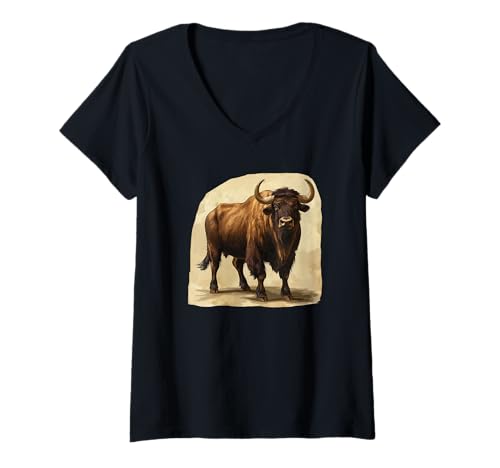 Damen Auerochsen Auerochse T-Shirt mit V-Ausschnitt Damen Auerochsen Auerochse T-Shirt mit V-Ausschnitt von Auerochsen Auerochse Tier Shop
