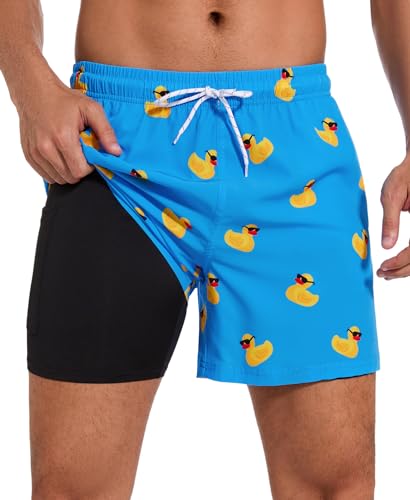 Aueyan Herren-Badehose, 14 cm, mit Kompressionsfutter, Reißverschlusstaschen, schnell trocknend, lustig, Strand-Shorts, Ente, L von Aueyan