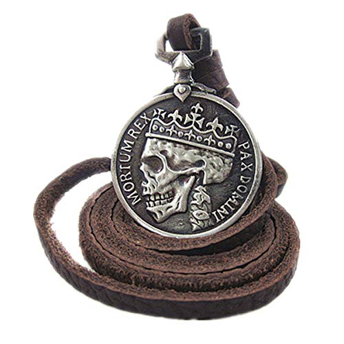ODETOJOY Klassische Münze Anhänger Halskette Skull Steampunk geschoben Schmuck für Männer Herren Halskette aus braun Leder mit silberfarbenen Totenkopf-Münzen-Anhänger und Samtbeutel (Silber) von ODETOJOY