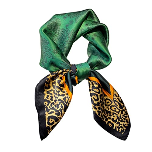 Quadratischer Schal aus 100% reiner Maulbeerseide, 68,6 x 68,6 cm, Damen-Halstuch, Kopftuch, Grüner Leopard, Small von Aufeel