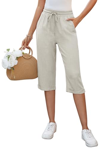 Auffortria Damen Leinen Sommerhose 3/4 Casual Leichte Baumwolle Leinenhose Bequeme Luftige Locker Freizeithose Strandhose Mit Taschen (Beige, XX-Large) von Auffortria