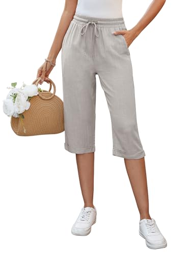 Auffortria Damen Leinen Sommerhose 3/4 Casual Leichte Baumwolle Leinenhose Bequeme Luftige Locker Freizeithose Strandhose Mit Taschen (Grau, Medium) von Auffortria