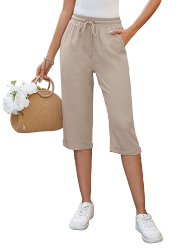 Auffortria Damen Leinen Sommerhose 3/4 Casual Leichte Baumwolle Leinenhose Bequeme Luftige Locker Freizeithose Strandhose Mit Taschen (Khaki, Large) von Auffortria