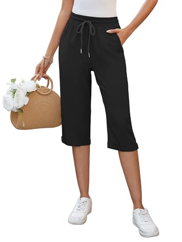 Auffortria Damen Leinen Sommerhose 3/4 Casual Leichte Baumwolle Leinenhose Bequeme Luftige Locker Freizeithose Strandhose Mit Taschen (Schwarz, X-Large) von Auffortria
