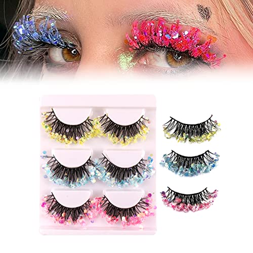 3 Paar Gefälschte Wimpern Mink Lashes Girls Glitzer Wimpern 3D, Faux Wimpern Fluoreszenz, 3D-Effekt Falsche Wimpern, Dramatische Wimpern Party Falsche Wimpern Make- Up- Werkzeuge von Auflosung