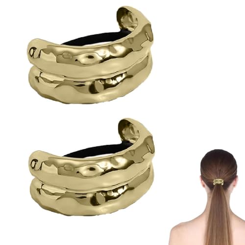 Geometrische Goldene Haarmanschetten aus Metall, 2er-Pack Elastische Haarbänder mit Kreisen, Doppelbogen-Pferdeschwanzhalter, Einfache Retro-Haargummis, Bequemer Haarschmuck, für Frauen und Mädchen von Aufquwk