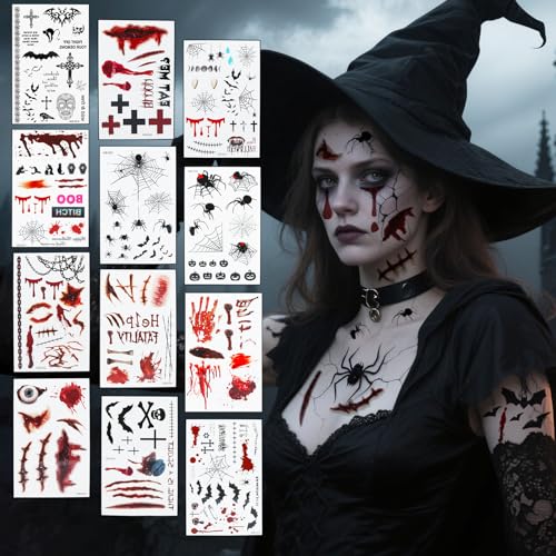 12 Blatt Halloween Tattoos Gesicht Halloween Kostüm Damen Herren Gesichtstattoo Narben Wunden Fledermaus Gesicht Aufkleber Temporäre Tattoos Accessoires für Vampir Zombie Teufel Hexe Cosplay von Augesak