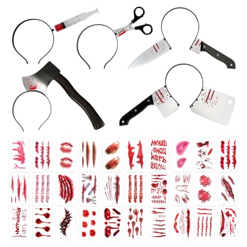 5 Stück Halloween Horror Haarreif Set + 30 Stück Blut Tattoo, Halloween Accessoires, Haarreif Schere Spritze Messer im Kopf, Kostüm Accessoire Cosplay von Augesak