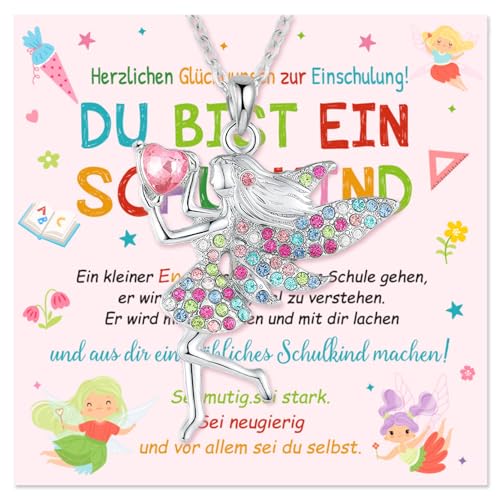 Augesak Einschulung Mädchen Geschenk,Kette Mädchen,Glücksbringer Schulanfang,Einschulungsgeschenke,Plus Grußkarte Geschenkbox(Blumenfee) von Augesak