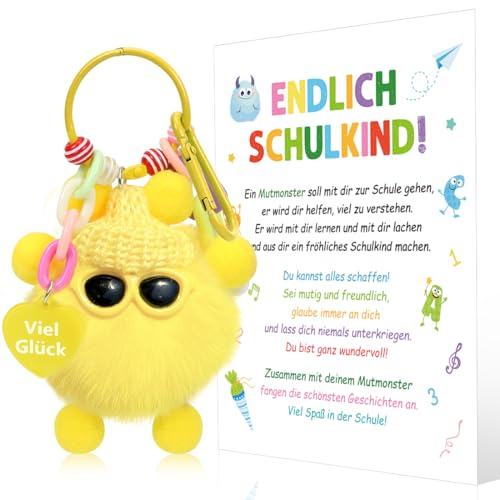 Augesak Einschulung Schlüsselanhänger, Plüsch Schlüsselanhänger Schulkind, Glücksbringer Schulanfang Junge Mädchen, Geschenk Einschulung Endlich Schulkind Glücksbringer Schule (Gelb) von Augesak