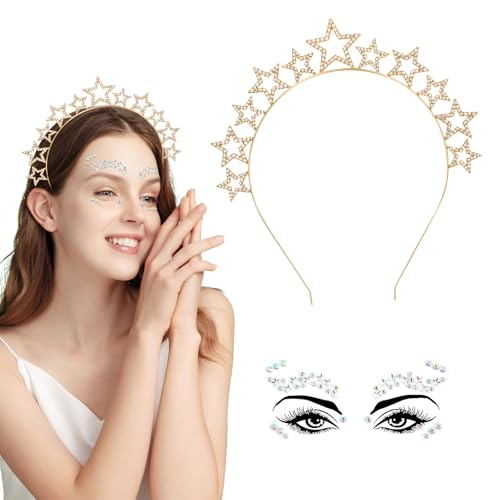 Haarreif Sterne, Sterne Haarreif Stirnbänder Haarschmuck, Strass Kopfschmuck Sterne, Gesichtstattoo Glitzer, Göttin Hochzeit Party Karneval Cosplay Haar Accessoire für Frauen Mädchen (Gold2) von Augesak