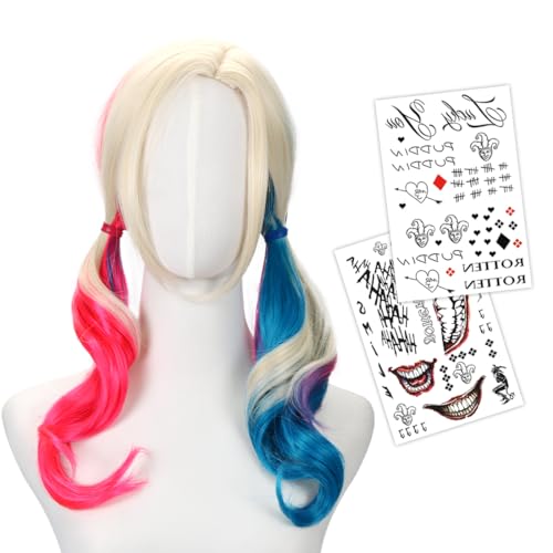 Quinn Cosplay Perücke, Rosa Blaue Perücke Quinn Kostüm Zubehör, Doppelter Schwanz Damen Perücke mit Tattoos, Filmheldin Cosplay Perücke für Damen Mädchen Karneval Halloween Cosplay Party von Augesak
