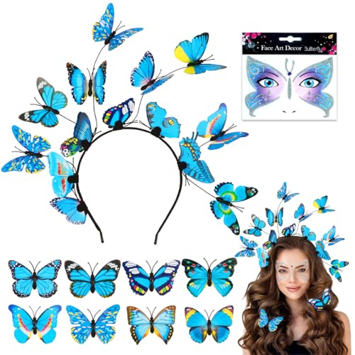 Schmetterling Haarreif, Blau Schmetterling Kopfschmuck, 1 Schmetterling Stirnband+ 8 Haarspangen, Schmetterling Kostüm Zubehör Set, Fasching Schmetterling Damen Haarschmuck Karneval Haarband von Augesak