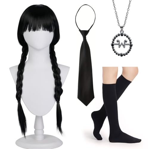 Wednesday Perücke Damen Kinder 4 Stück, Wednesday Kostüm Accessoires, Wednesday Addams Perücke, Schwarze Geflochtene Perücken mit Halskette Krawatte, Cosplay Perücke Wednesday für Karneval Fasching von Augesak