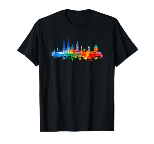 Augsburg Germany Skyline T-Shirt Damen Schwarz Klein Klassisch Skyline Augsburg Einfarbig Kurze Ärmel von Augsburg Germany Skyline