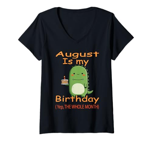 Damen August Geburtstag Dinosaurier mit Kuchen Lustiger Geburtstag T-Shirt mit V-Ausschnitt von August Dinosaur Birthday Cake
