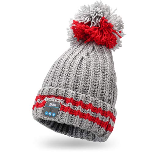 August EPA30 - Bluetooth Mütze - Winter Strickmütze mit Bluetooth Stereo Kopfhörer, Mikrofon, Freisprechen und integriertem Akku (rote Streifen) von August
