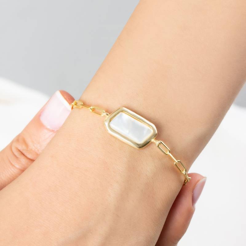 Perlenarmband Aus 18K Gold, Paperclip Kette Flach Perlenarmband, Perlmutt Armband, Süßwasser Perlen Schmuck, Geschenk Weihnachten von AugustAntonina