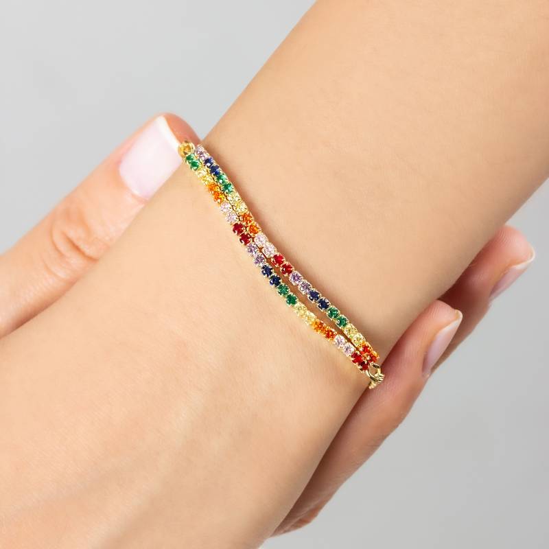 Silber Doppel Regenbogen Tennis Armband, Buntes Cz Diamant Armband in 18K Gold, Multicolor Kette, Schmuck Geschenk Für Frauen von AugustAntonina