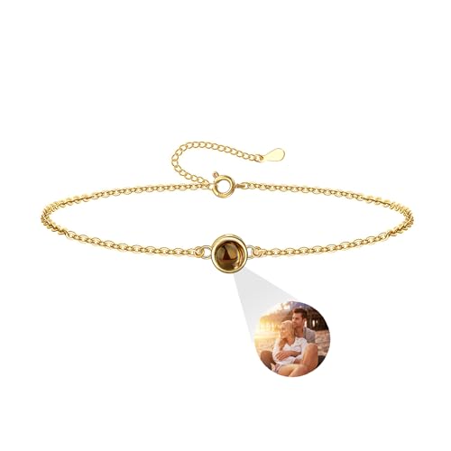 Auinniuz Individuelles Fotoarmband Aus Sterlingsilber – Personalisiertes Armband Mit Foto – Runder Anhänger Mit Farbfoto Armband Im Inneren A-Gold von Auinniuz