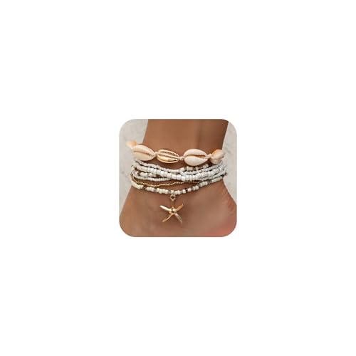Auiremrti 2 Stück Shell Ankle Bracelet Set for Women,Boho Bead Adjustable Anklet, Hawaiian Beach Seashell Pearl Heart Starfish Conch Foot Jewelry Gifts von Auiremrti