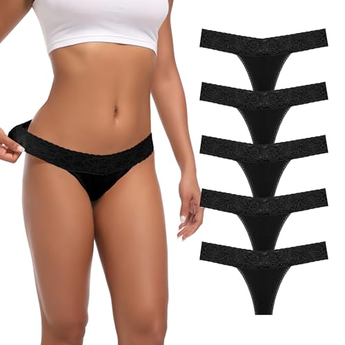Auithery Strings für Frauen Sexy Spitze Baumwollslips Bauchkontrolle G-String String Tanga Hoher Bund Unterwäsche Schwarz Größe M Packung mit 5 von Auithery