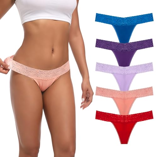 Auithery Tangas für Frauen Sexy Spitzen-Baumwollslips Bauchkontrolle G-String Tanga Hohe Taille Unterwäsche Blau Lila Rot Violett Pfirsich Größe L Packung mit 5 von Auithery