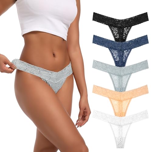 Auithery Tangas für Frauen Sexy Spitzenunterwäsche Bauchkontrolle G-String Tanga Hohe Taille Unterwäsche Schwarz Weiß Marineblau Grau Beige Größe S Packung mit 5 von Auithery