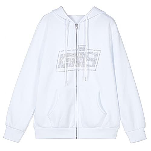 Damen Hoodie Zip Up Y2k Mode Strass Reißverschluss Übergroße Hoodies E-Girl Vintage Solid Letter Langarm Schwarz Sweatshirts Herbst Outfits von Aukbays