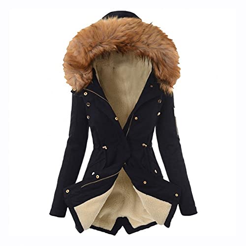 Aukbays Winterjacke Damen mit Fell Schwarz Lang Sale Hurz Große Größen Günstig Wintermantal Damenmantel Parka Plüschjacke Fleecejack Damenjacke Plüschmantel Kapuzenjacke Winterparka Damenmantel von Aukbays