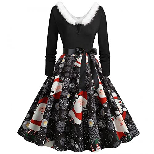 Weihnachtskleid Damen Sexy Weihnachten Kleid Elegant Langarm Cocktaikleider Vintage Christmas Retro Abendkleid Partykleid Cocktailkleid Festival A-Linie Party Kleider von Aukbays